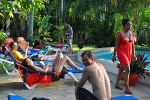 cabarete surf camp guests enjoy the sunset be the pool